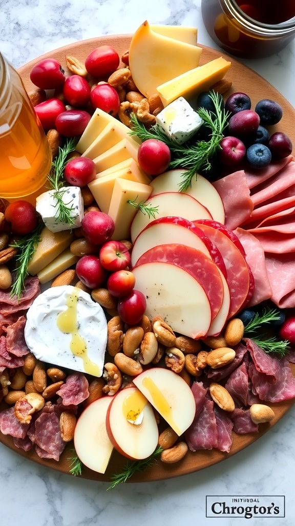 Individual Christmas charcuterie board with meats, cheeses, fruits, nuts, and honey on a rustic wooden surface.